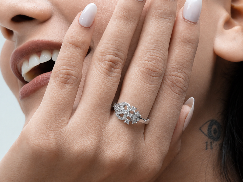 Silver Floral Cluster & Heart Pave Ring