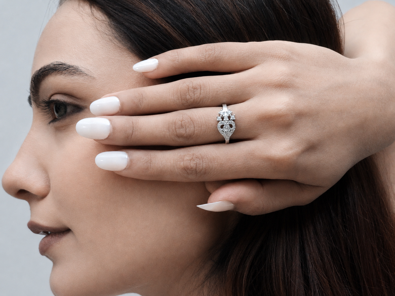Silver Floral Cluster & Heart Pave Ring