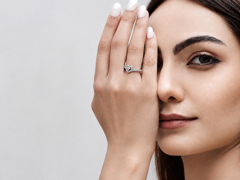 Silver Heart Halo Cluster Split-Shank Ring