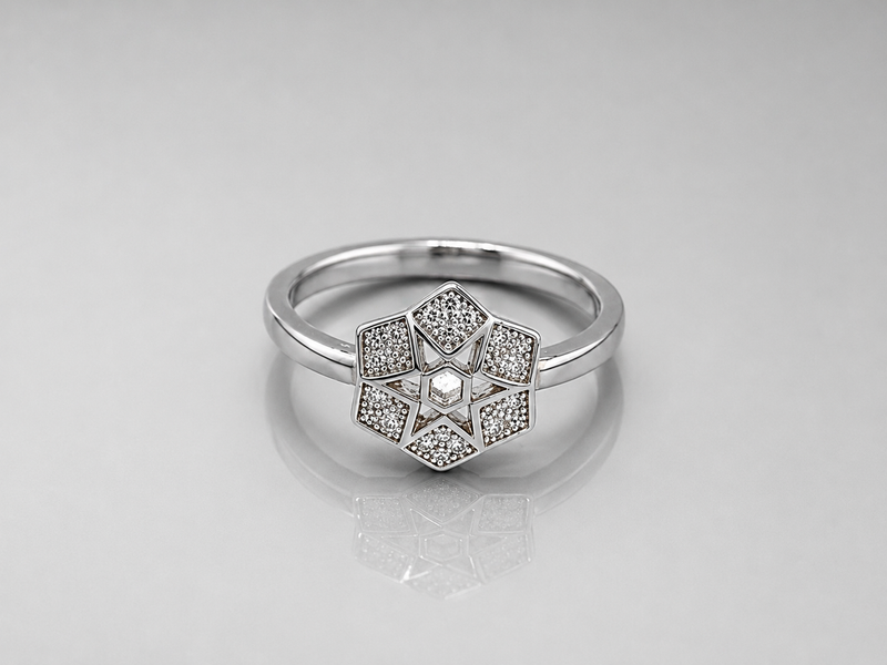 Silver Pave Star Hexagon Panel Ring