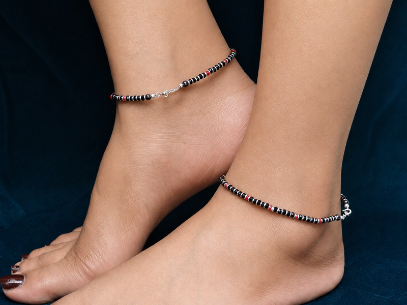 Silver Black Bead Layered Anklets