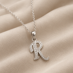 Silver Ornate R Initial Pave Pendant