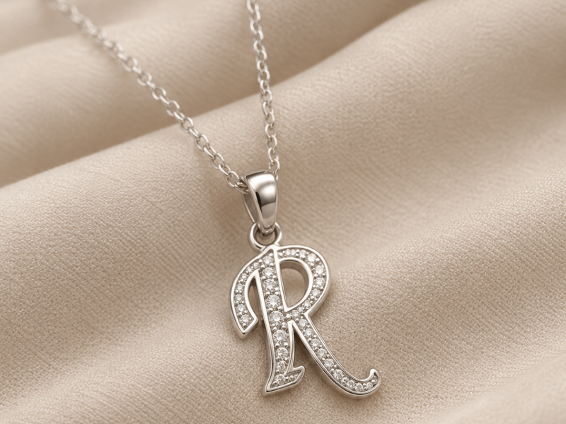 Silver Ornate R Initial Pave Pendant