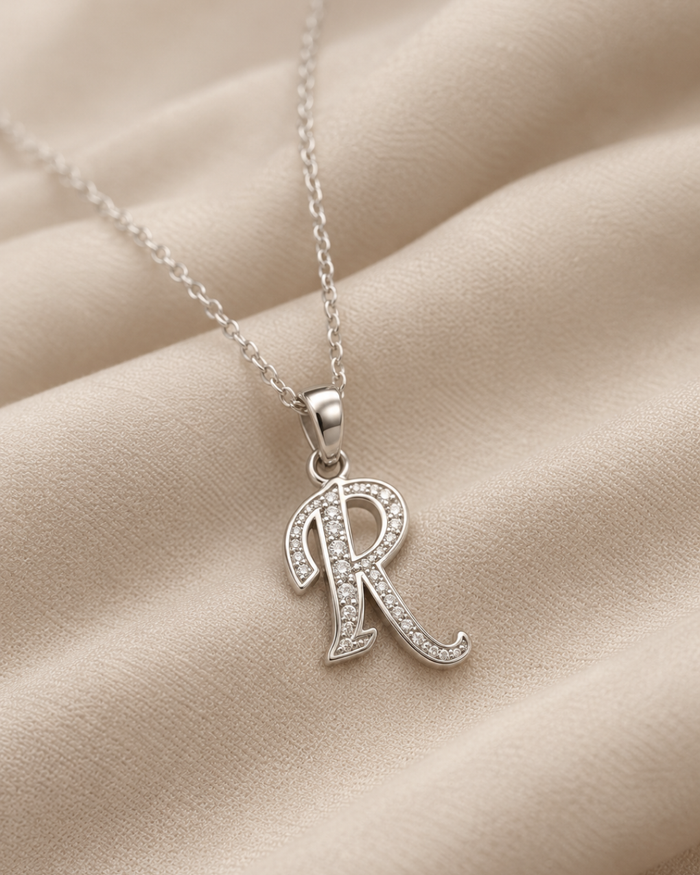 Silver Ornate R Initial Pave Pendant