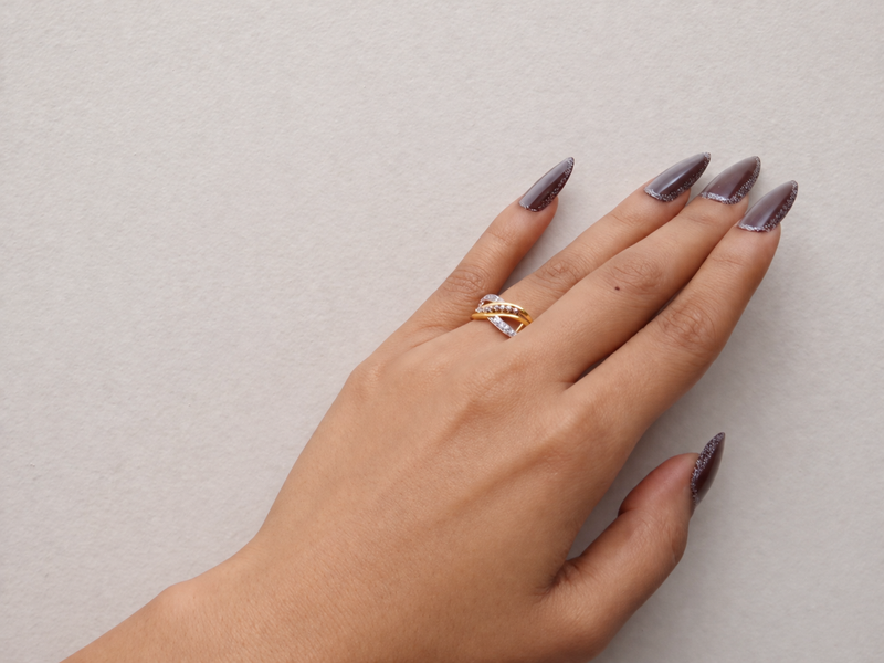 Two-Tone Golden CZ Crossover Band Ring