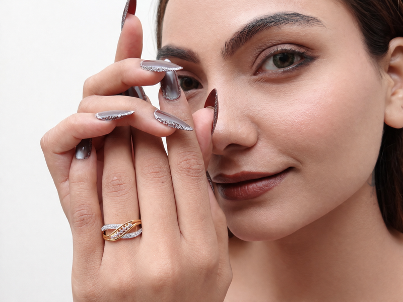 Two-Tone Golden CZ Crossover Band Ring