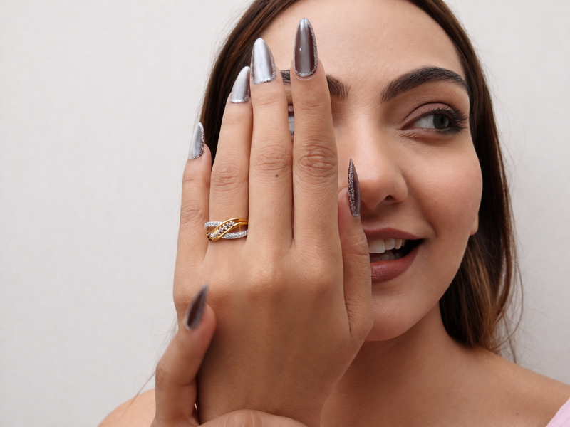 Two-Tone Golden CZ Crossover Band Ring