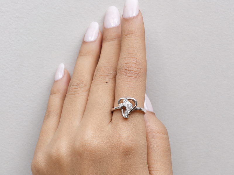 Silver Open Heart Pave Swirl Ring