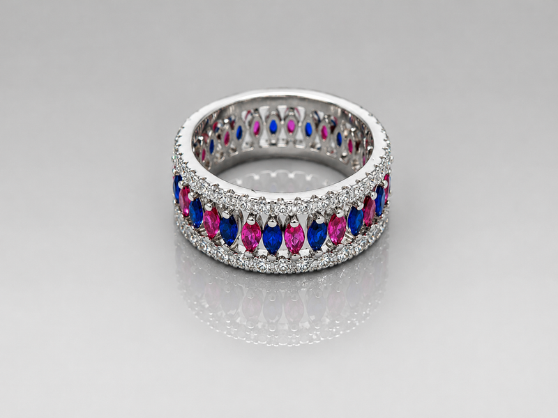 Silver Pink & Blue Marquise Wide Eternity Ring