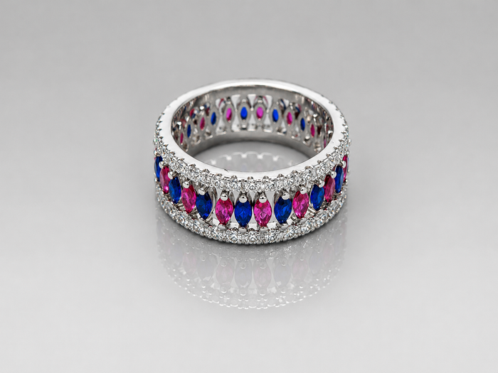 Silver Pink & Blue Marquise Wide Eternity Ring