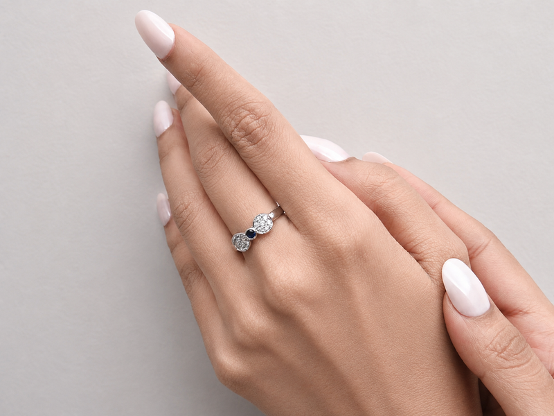 Silver Twin Pave Disc Blue Stone Ring