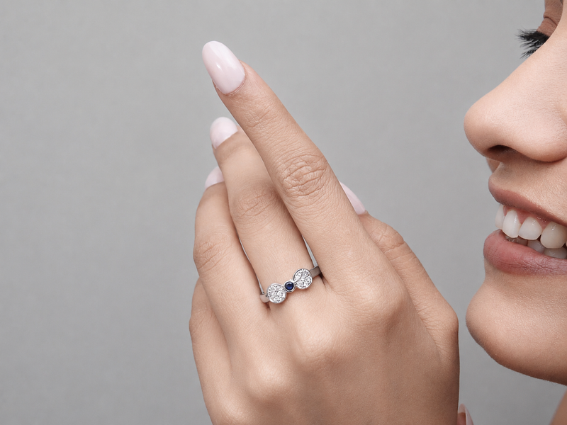 Silver Twin Pave Disc Blue Stone Ring