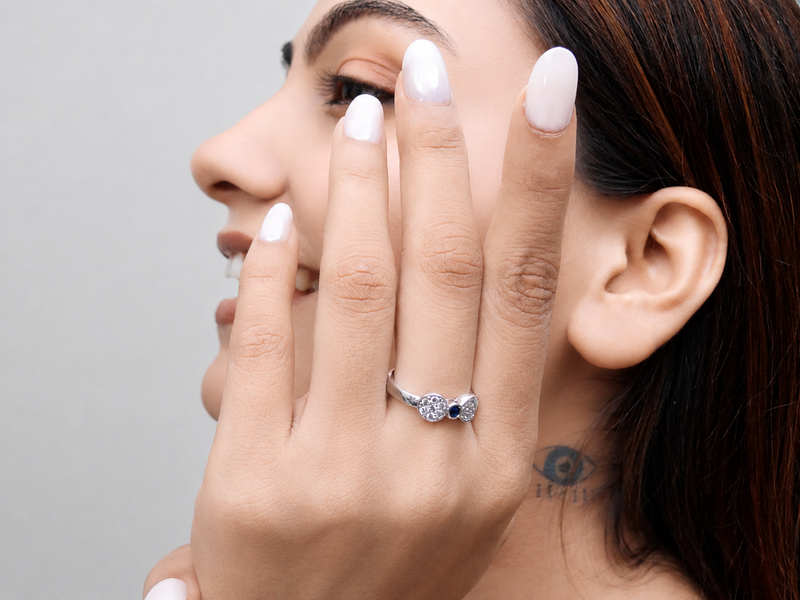 Silver Twin Pave Disc Blue Stone Ring