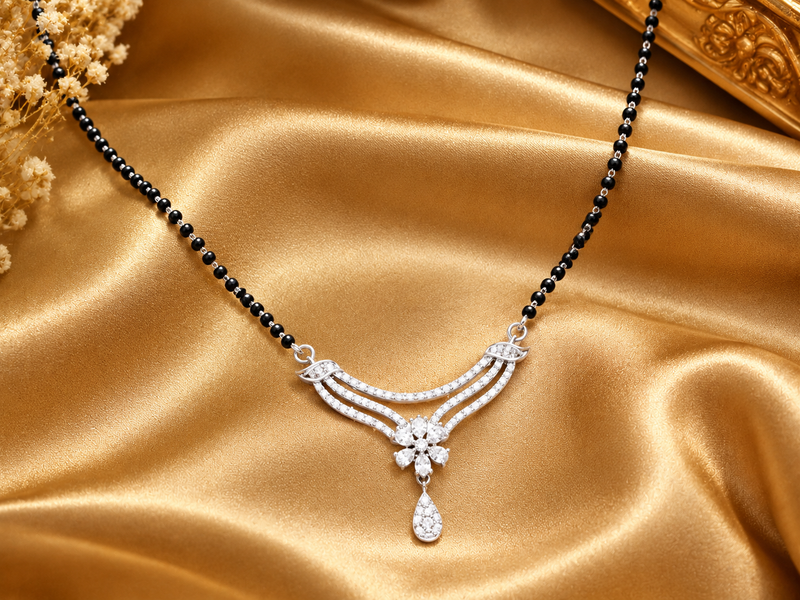 Silver CZ Floral Spray Drop Mangalsutra
