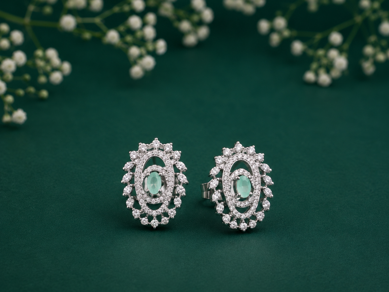 Silver Mint Oval Leaf Wreath Halo Studs