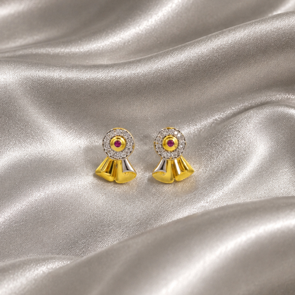 Golden Flared Fan CZ & Red Stone Studs