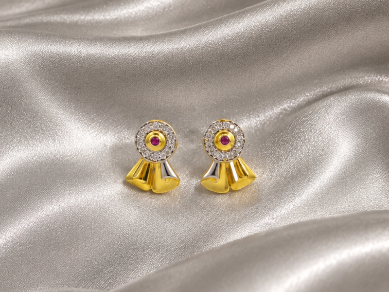 Golden Flared Fan CZ & Red Stone Studs