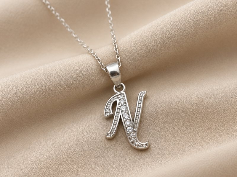 Silver Script N Initial Pave Pendant