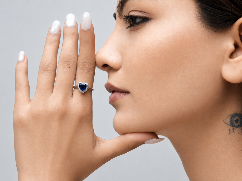 Silver Blue Heart Stone Halo Ring
