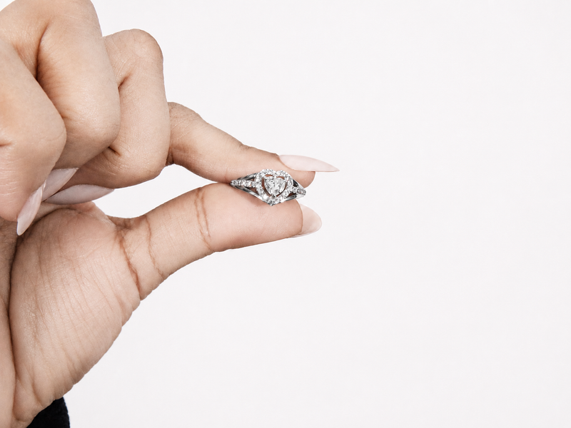 Silver Solitaire Heart Halo Split-Shank Ring