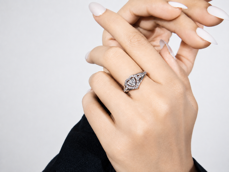 Silver Solitaire Heart Halo Split-Shank Ring