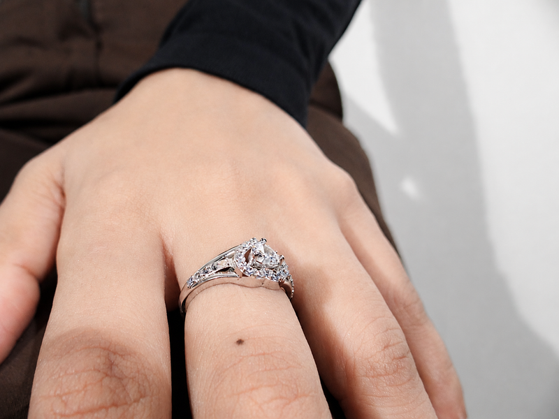 Silver Solitaire Heart Halo Split-Shank Ring
