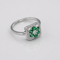 Silver Emerald Cluster Square Halo Ring