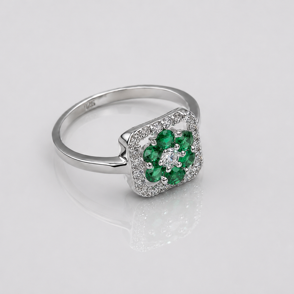Silver Emerald Cluster Square Halo Ring