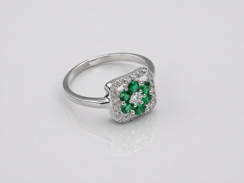 Silver Emerald Cluster Square Halo Ring