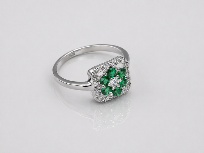 Silver Emerald Cluster Square Halo Ring