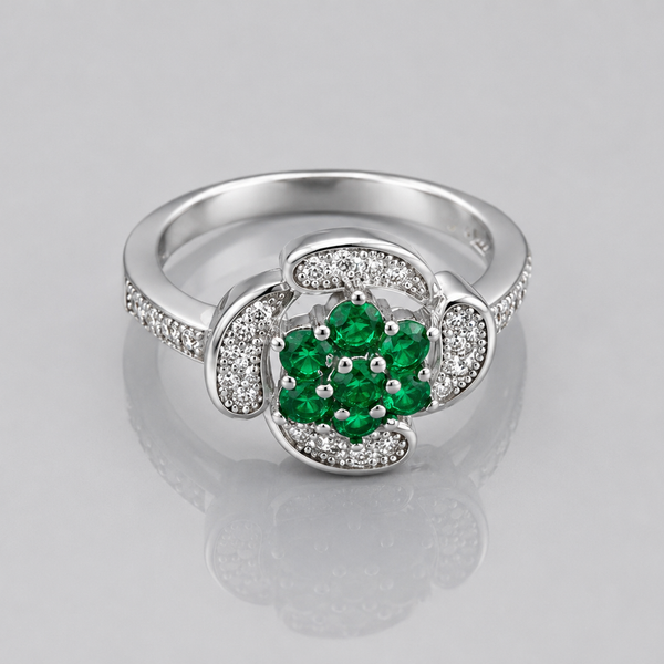 Silver Emerald Cluster Flower Ring