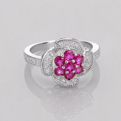 Silver Pink Cluster Flower Pave Ring