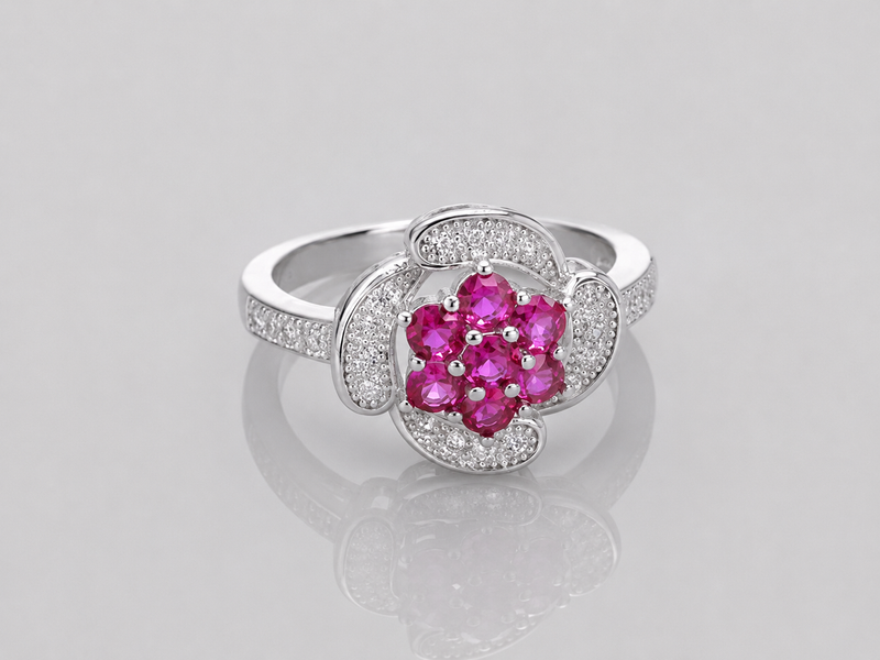 Silver Pink Cluster Flower Pave Ring