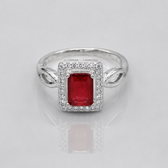 Silver Red Emerald-Cut Halo Openwork Ring