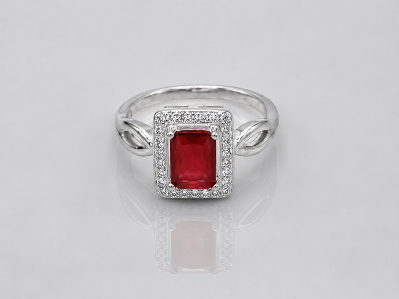 Silver Red Emerald-Cut Halo Openwork Ring