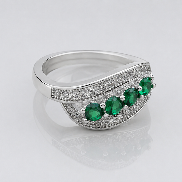 Silver Emerald Four-Stone Pave Wave Ring