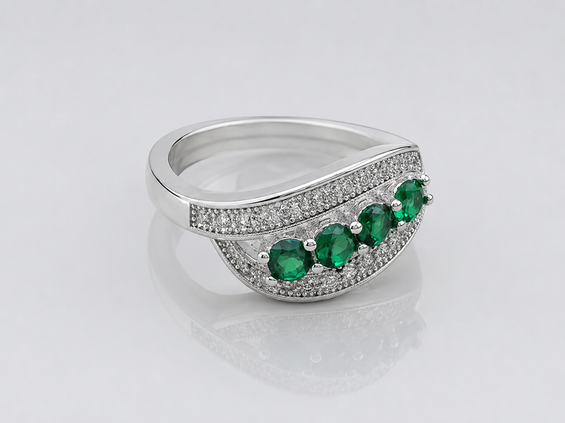 Silver Emerald Four-Stone Pave Wave Ring
