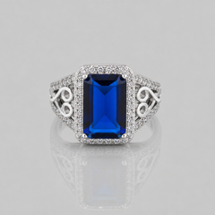 Silver Blue Emerald-Cut Halo Filigree Ring