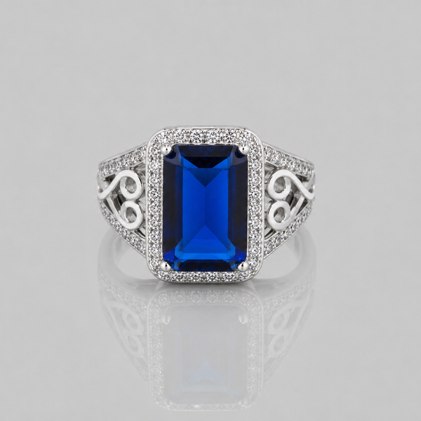 Silver Blue Emerald-Cut Halo Filigree Ring