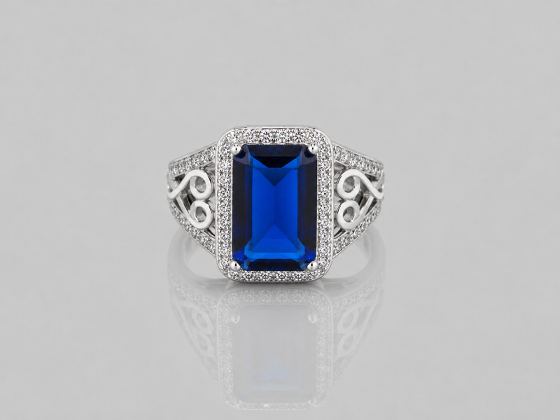 Silver Blue Emerald-Cut Halo Filigree Ring