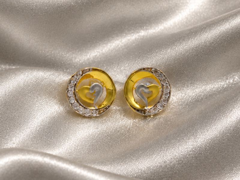 Two-Tone Golden Heart CZ Halo Studs