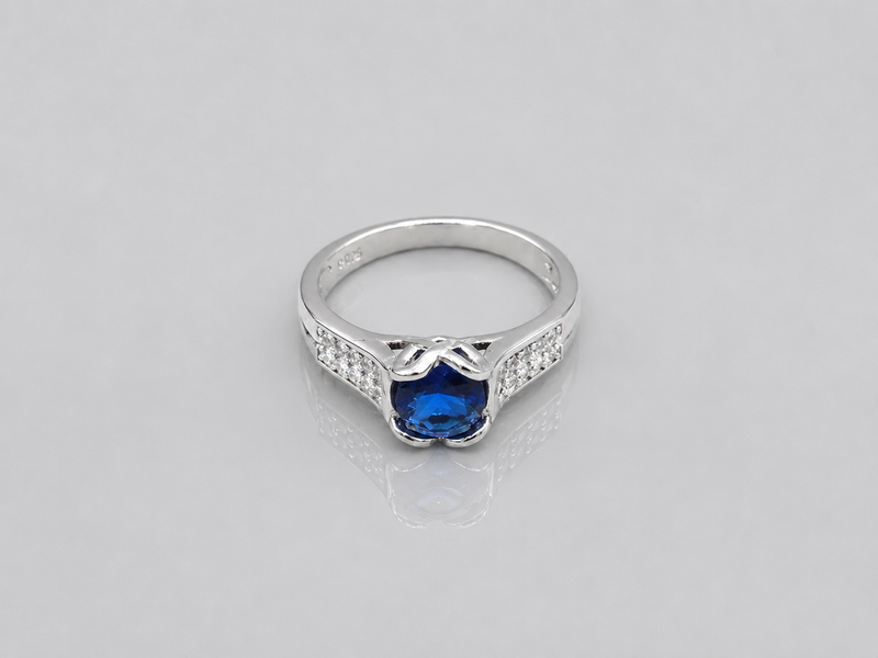 Silver Blue Round Stone Pave Shoulder Ring
