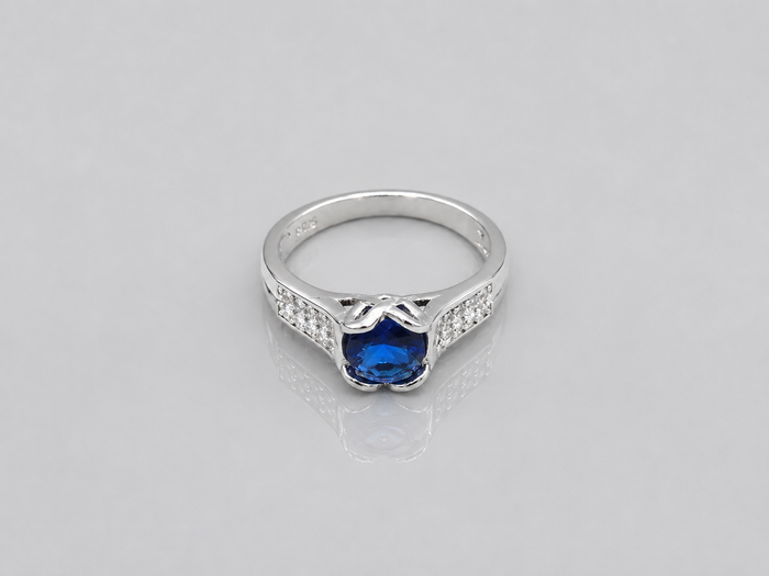 Silver Blue Round Stone Pave Shoulder Ring