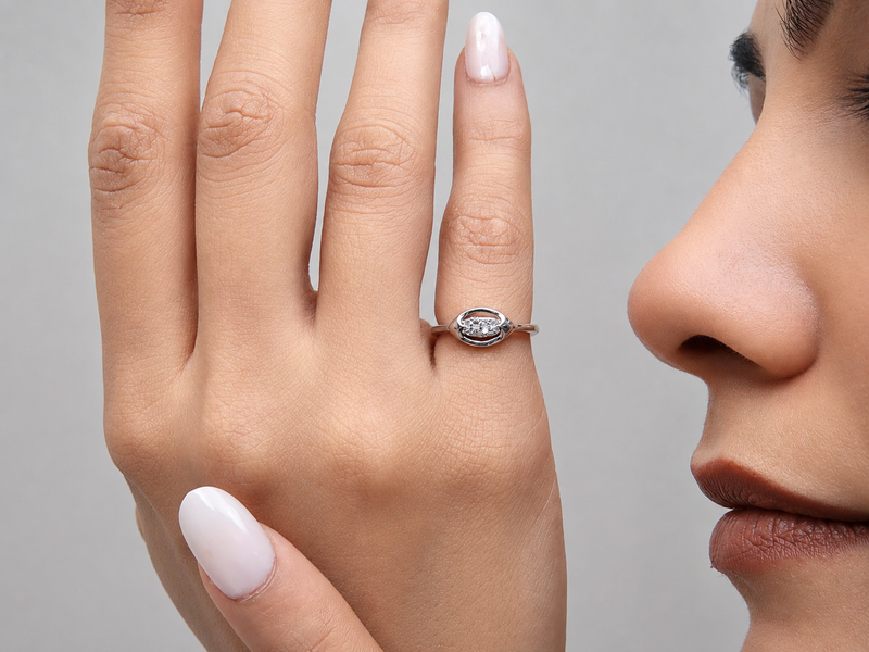 Silver Oval Bezel Three-Stone Ring