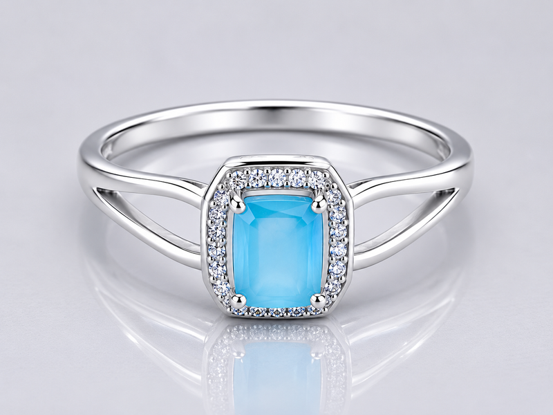 Silver Aqua Stone Halo Split-Shank Ring
