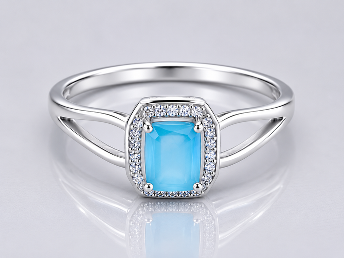 Silver Aqua Stone Halo Split-Shank Ring