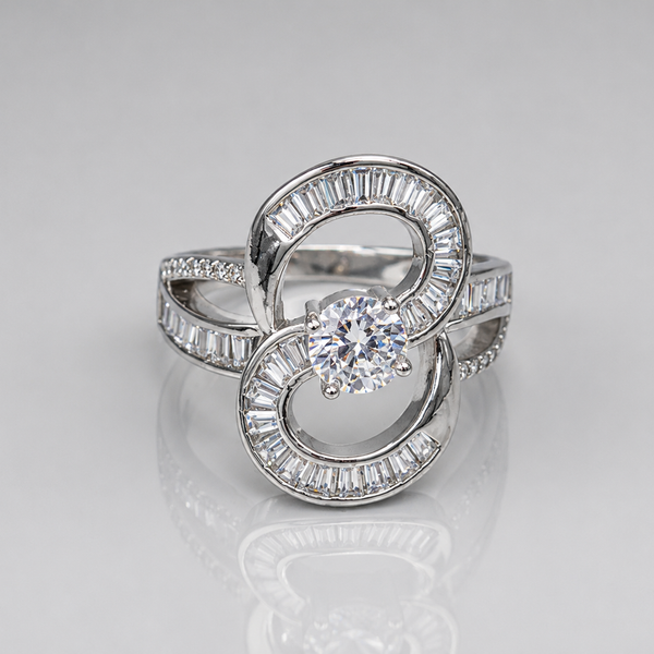 Silver Baguette Swirl Solitaire Cocktail Ring