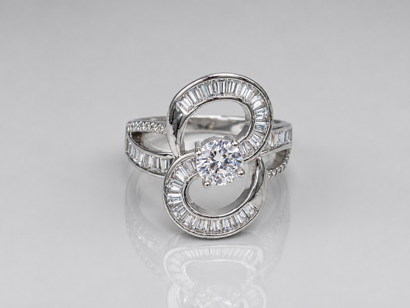 Silver Baguette Swirl Solitaire Cocktail Ring