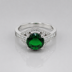 Silver Emerald Round Solitaire Pave Ring