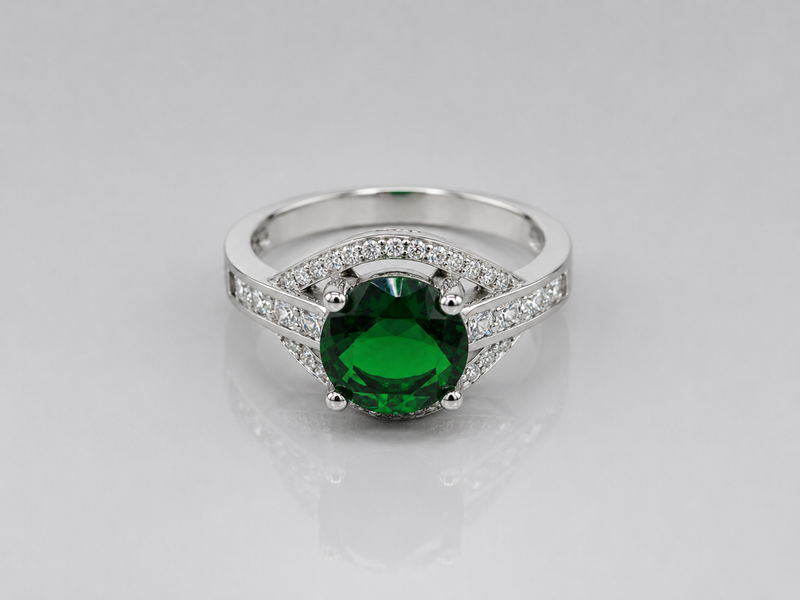 Silver Emerald Round Solitaire Pave Ring